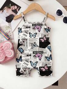 SHEIN Baby Girl Butterfly & Slogan Graphic Lettuce Trim Cami Romper - Multicolor - View 2