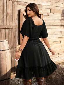 Ceyna Plus Size Women's Summer Black Short Dress,Boho Square Neck Raglan Sleeve Loose Fit Casual Decorative Button Western Outfits For Vacation Country - Black - View 2