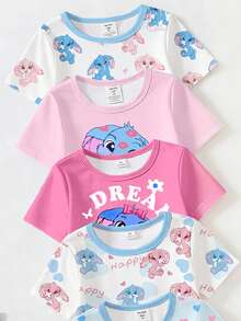 [Random 2 Out Of 5 Sets]Toddler Girls'light Pink,Summer,Fairy,Family Matching Rabbit Flower Heart Cartoon Print Knit Snug Fit 4-Piece Pajama Set - White - View 5