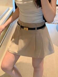 DAZY 女款純色百褶迷你裙附腰帶，休閒少女風度假夏季裙，適合高爾夫、馬卡龍色、校園穿搭 - 卡其色 - 查看 3