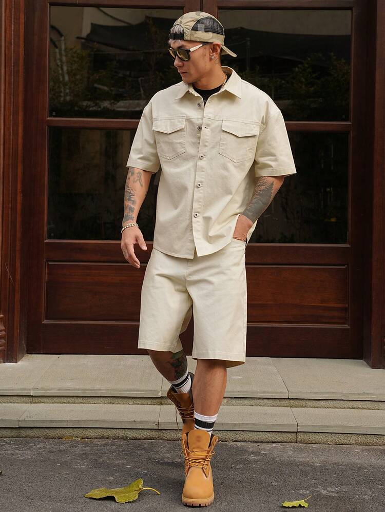 2pcs/Set Men's Solid Color Casual Shorts & Short Sleeve Shirt Set