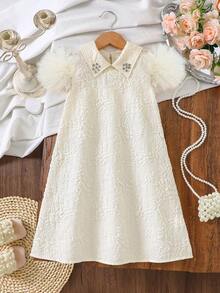 女童春夏新款优雅连衣裙，领口饰有水钻，杏色提花面料，杏色3D网纱花卉饰边短袖，A字廓形，适合休闲、正式场合、学校、度假、派对等各种场合，舒适优雅。白色连衣裙，适合儿童圣餐礼、女童礼服、儿童小新娘礼服等。柔软舒适，适合阳光明媚的场合，优雅时尚，适合派对等各种场合。 - 杏色 - 查看 3