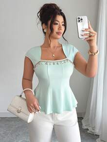 SHEIN Clasi 大码女式贝壳流苏装饰A字休闲沙滩度假上衣，春夏款 - 薄荷綠 - 查看 5