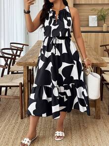 Weeklong Black & White Print Sleeveless Dress, Casual Vacation Style, Plus Size, Spring/Summer - Black and White - View 1