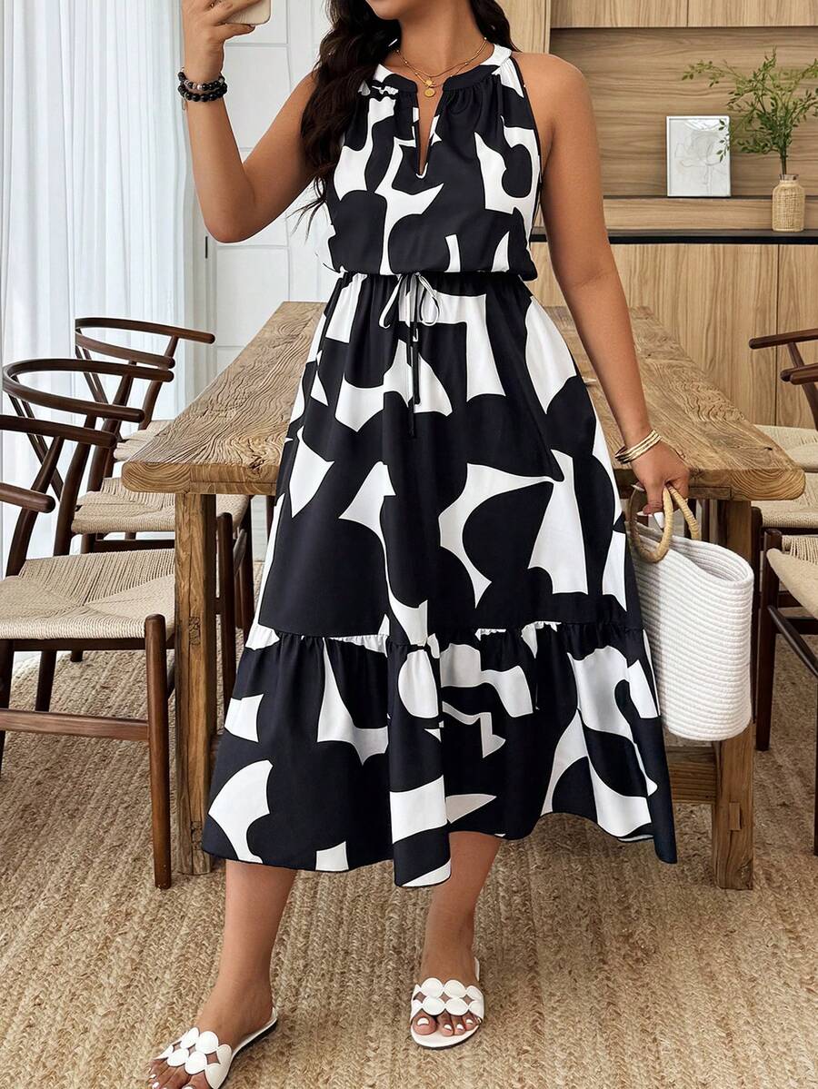 Weeklong Black & White Print Sleeveless Dress, Casual Vacation Style, Plus Size, Spring/Summer - Black and White - View 1