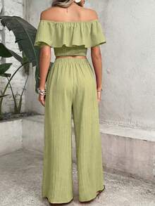 Breezaya Women's Summer Fashion Solid Color Shoulder Top & Pants 2 Pieces Set - Green - View 2