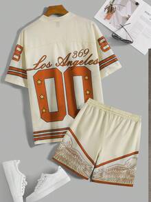Manfinity Campus Court Men's Eagle Print Short Sleeve T-Shirt And Shorts Casual Suit - Apricot - View 2