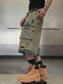 Manfinity EMRG Men's Casual Washed Distressed Cargo Denim Shorts - Light Wash - View 5