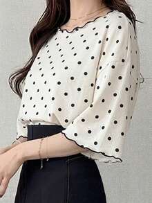 FRIFUL 女士波浪条纹宽松撞色滚边短袖T恤，夏季休闲装 - 米色 - 查看 2