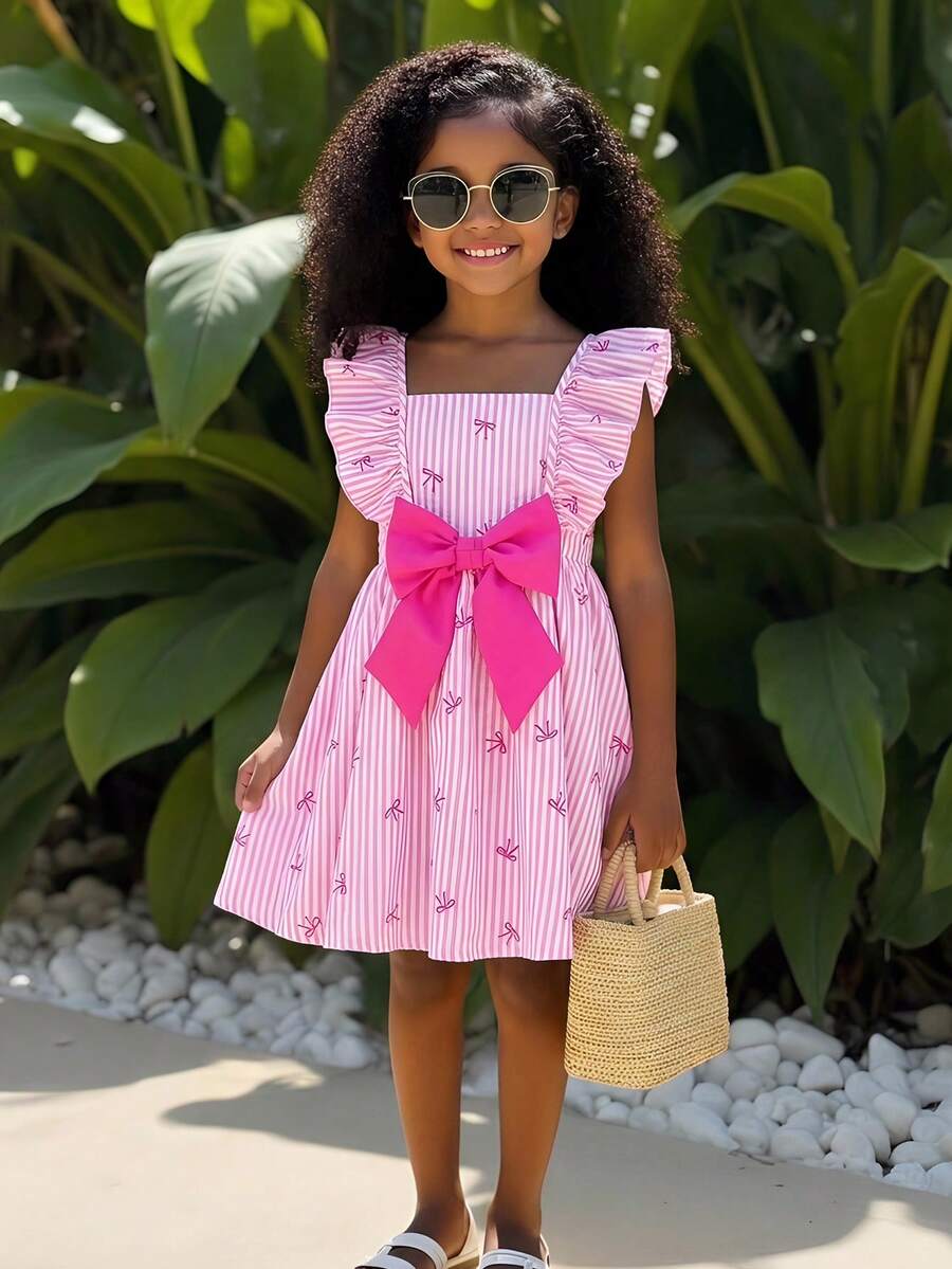 SHEIN Young Girl Woven Bowknot Striped Square Collar Ruffle Hem Casual Dress Pink & White Striped Floral Print Bow Ruffle Trim Short Sleeve Casual Versatile Fashion Baby Girl Dress, Spring/Summer Holiday Striped Dress With Bow Little Girl Vacation Dress Pink And White Striped Dress Young Girls Pink Bow Dress For Kids Pink Girl Squishy Summer Clothes Summer Dresses Sundress - Pink - View 1