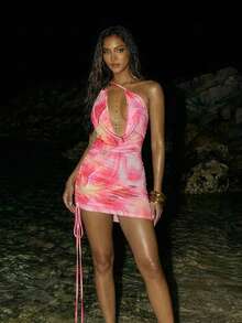 SHEIN ICON Sommer Damen Ausgehkleid Hochzeitsgast rückenfrei Ostern knallpink Eleganz elegant sexy Urlaub Strandurlaub Blume Muster Hohldesign ärmelloses sexy Mini-Kleid, geeignet für den Urlaub - Verschiedenfarbig - Übersicht 2