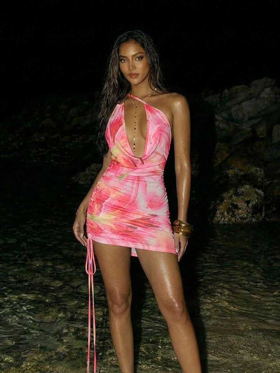 SHEIN ICON Sommer Damen Ausgehkleid Hochzeitsgast rückenfrei Ostern knallpink Eleganz elegant sexy Urlaub Strandurlaub Blume Muster Hohldesign ärmelloses sexy Mini-Kleid, geeignet für den Urlaub