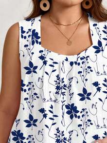 EMERY ROSE Blue & White Floral Hollow Plus Size Tank Top, Suitable For Summer - Multicolor - View 6