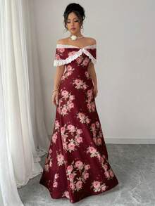 Rafferiza Petite Vestido ajustado con hombros descubiertos, estampado floral vintage y aplicaciones de encaje - Burdeos - Ver 4