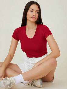 SHEIN BASICS 女士夏季纯色短袖修身T恤 - 紅色 - 查看 3