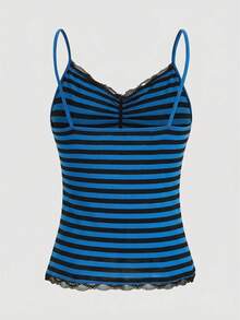 ROMWE Top sin mangas de verano con tirantes finos, parches de encaje y fruncidos, a rayas - Azul - Ver 2