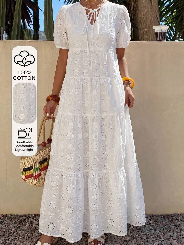 White Hollow-Out Jacquard Tie-Up Casual Vacation Beach Commute Loose Midi Dress For Women, Spring & Summer