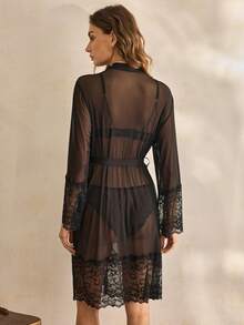 Charlaine Elegant Sexy Romantic Delicate Mesh & Contrast Lace Women Sleepwear Robe - Black - View 2