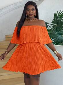 Slaydiva Off-Shoulder Ruffled Neckline Loose Green Dress In Pleated Fabric - Orange - View 5