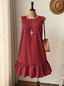 EMERY ROSE Plus Size Round Neck Sleeveless Polka Dot Red And White,Summer,Casual,Vacation,Holiday Ruffle Hem Dress For Women,Spring Beach Festival Outfits - Burgundy - View 6