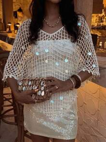 Selianne Sequin Hollow-Out Knitted Shawl,Women's Boho Summer Cream Close-Fitting Garment For Holiday,Vacation,Beach Outings & Festivals - White - View 2