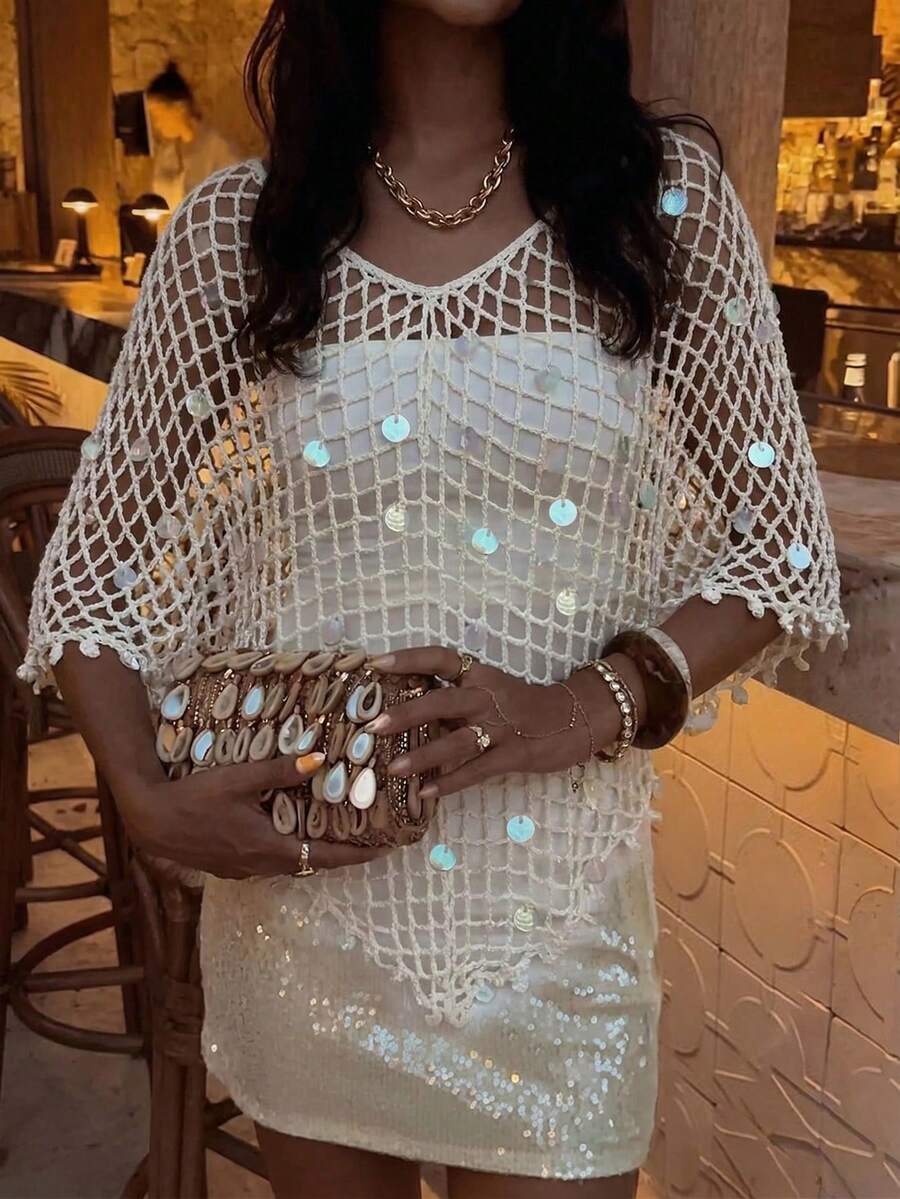 Selianne Sequin Hollow-Out Knitted Shawl,Women's Boho Summer Cream Close-Fitting Garment For Holiday,Vacation,Beach Outings & Festivals