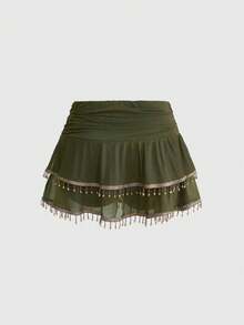 ROMWE Women's Retro Hippie Western Music Festival Beaded Sheer Top With Fringe Hem & Mini Skirt Set, Plus Size - Army Green - View 8