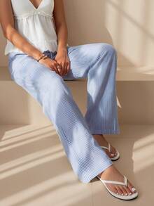 SHEIN ICON 娇小女士粉白条纹休闲家居裤，适合春夏穿着 - 藍色 - 查看 3