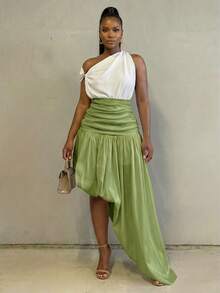 BamGlimmer Women's Olive Green,Autumn,Elegant,Bar Party Irregular Hem Skirt,Waist Cinched Oversized Loose New Design Holiday Resort Fashionable Casual Style - Green - View 5