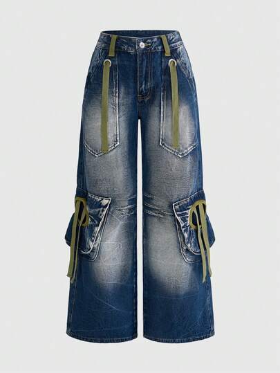 ROMWE Avant Quần jean denim nữ dáng lửng phong cách retro vintage Y2K với túi hộp trang trí.