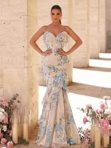Glamrae Đầm maxi dáng đuôi cá, thanh lịch, mềm mại, nhiều màu xanh dương, chất liệu chiffon, họa tiết hoa, dây mảnh, xếp tầng, thích hợp cho các buổi hẹn hò, kỳ nghỉ, tiệc độc thân, đám cưới, đi biển, lễ tốt nghiệp, hoặc làm đầm dạ hội cho nữ. - Nhiều màu - Xem 5