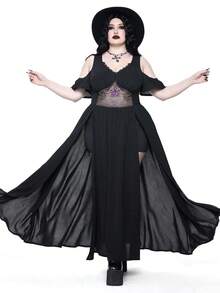 ROMWE Goth 哥特式刺绣镂空图案深V领露肩高开衩大码女装连衣裙 - 黑色 - 查看 4