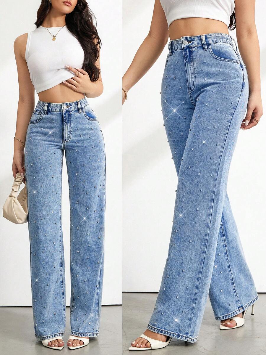 SHEIN Tall Women's Y2K High Waist Wide Leg Jeans, Rhinestone Embellished Distressed Denim Pants Casual Party Summer Outfits Pocket Straight Loose