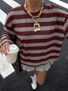 Muchica 休闲简约图案圆领长袖宽松T恤，适合夏季穿着，美式复古风格，条纹T恤，女士休闲装 - 彩色 - 查看 4