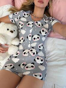 SweetSlumber Bộ đồ ngủ liền thân dệt kim hình gấu trúc hoạt hình dễ thương dành cho nữ. - Nhiều màu - Xem 1