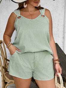 SHEIN VCAY Bộ đồ đi biển 2 mảnh dành cho nữ cỡ lớn, áo ba lỗ và quần short kẻ sọc xanh trắng. - Màu xanh Ô liu - Xem 5