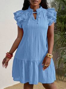 Slaydiva Robe à col cravate de couleur unie, manches à volants, ourlet à volants, robe d'été grande taille - Bleu ciel - Voir 6