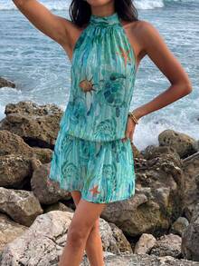 Nevyona Đầm ngắn nữ thanh lịch in họa tiết, có dây đeo vai – Trang phục đi biển mùa hè - Màu xanh Bạc hà - Xem 2