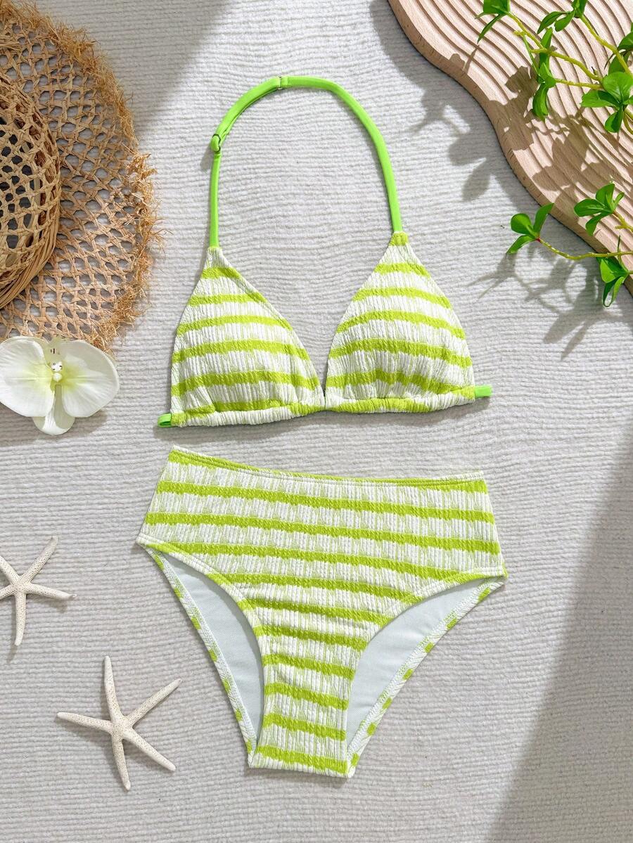 SHEIN Bộ bikini kẻ caro cho bé gái tuổi teen: Thiết kế buộc cổ, họa tiết dễ thương, mở ra xu hướng thời trang biển mùa hè. - màu xanh lá - Xem 1