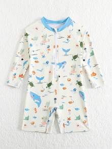 SHEIN Playful Pals 小男孩連身泳衣，鯨魚與章魚印花，長袖防曬泳衣，適用於嬰兒與小男孩，夏季、海灘、度假 - 黃色 - 查看 4