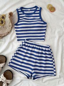 Bộ 2 món cho bé gái tuổi teen, gồm áo croptop dệt kim màu xanh navy và trắng, thích hợp mặc hàng ngày, đi biển, ăn trưa và dự tiệc. - Màu xanh hải quân - Xem 1