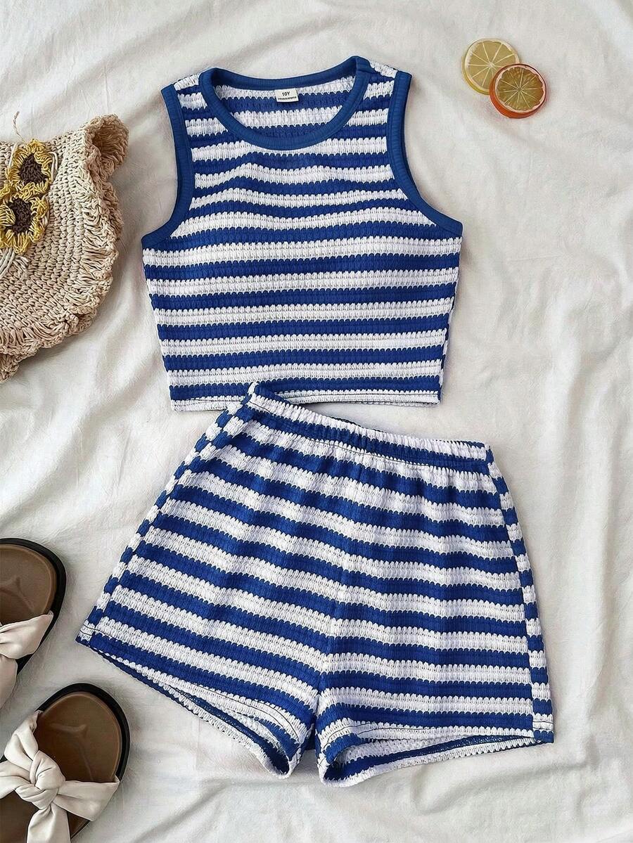 Bộ 2 món cho bé gái tuổi teen, gồm áo croptop dệt kim màu xanh navy và trắng, thích hợp mặc hàng ngày, đi biển, ăn trưa và dự tiệc. - Màu xanh hải quân - Xem 1