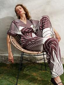 INAWLY Women's Summer Vacation All-Over Print Notch Collar Top And Pants 2 Pieces Set - Multicolor - View 4