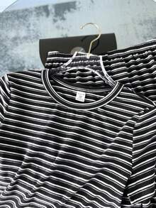 SHEIN 儿童/青少年女孩针织条纹圆领短袖修身T恤和配套打底裤套装，休闲百搭灰色条纹 - 深灰色 - 查看 6