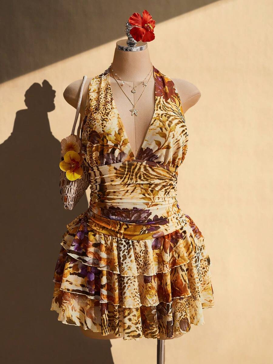 SHEIN ICON Vestido de malla con cuello halter, cintura fruncida y estampado floral y de leopardo, de múltiples capas, talla grande, para vacaciones de verano - Multicolor - Ver 1