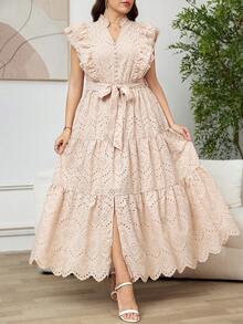 SHEIN Clasi 大码女士度假拼接荷叶边优雅连衣裙 - 杏色 - 查看 10