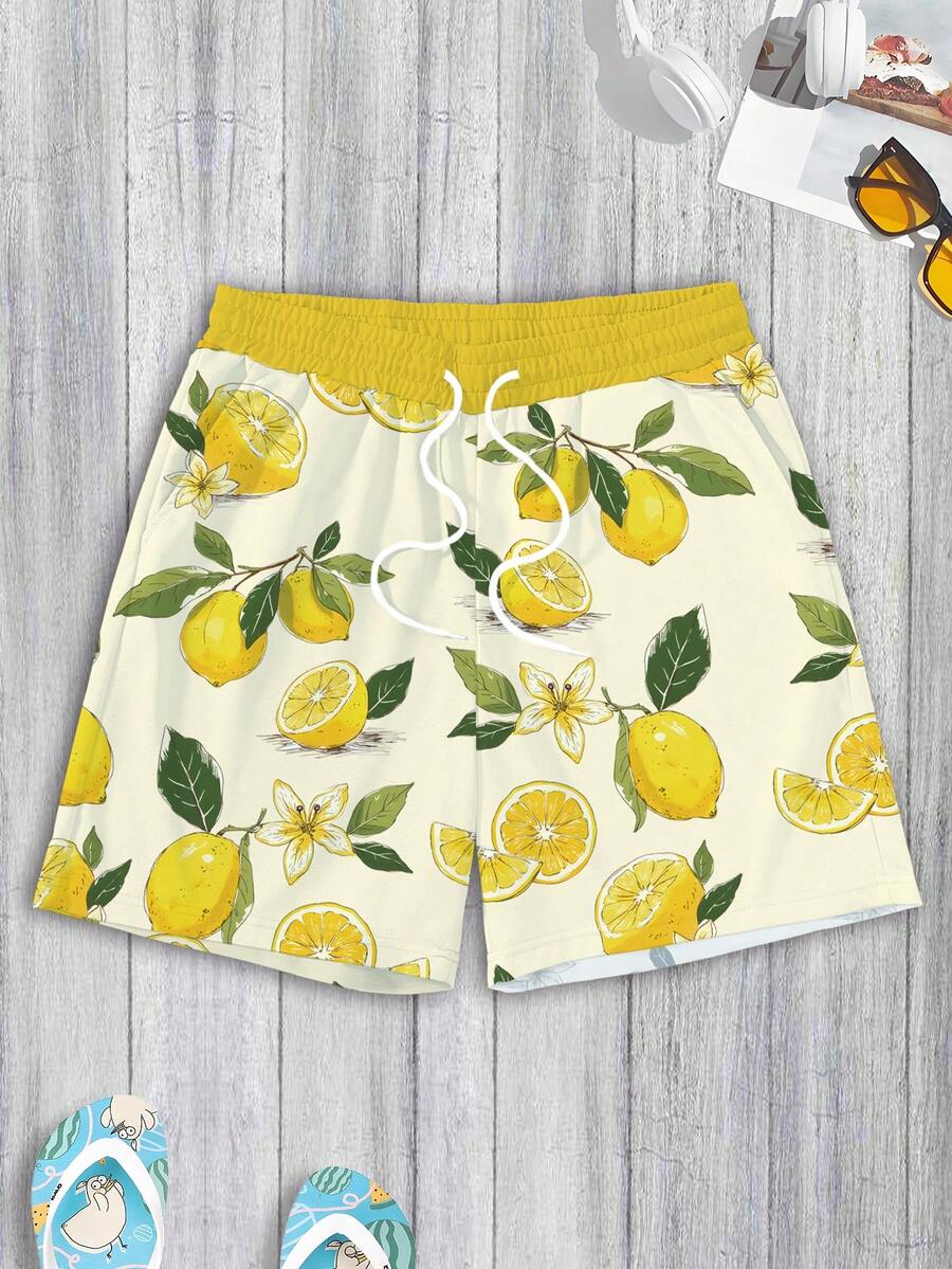 Genlund Nuevos shorts de verano para hombres con estampado de limón, cintura elástica con cordón y bolsillos, shorts bermudas casuales con estampado de frutas, ideales para la playa, vacaciones, surf, y uso versátil en deportes casuales y natación en la playa - Multicolor - Ver 1