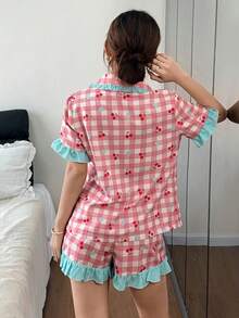 Napfluff Bộ đồ ngủ nữ tay ngắn và quần short in hình trái tim anh đào, viền bèo nhún, kiểu dáng dễ thương, phù hợp mặc trong nhà và ngoài trời, mùa xuân/hè. - Hồng - Xem 2