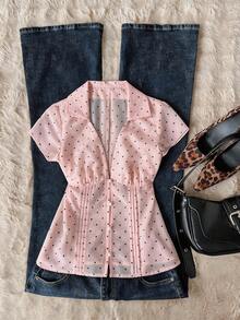 Elamini 女士波点荷叶边V领短袖衬衫，时尚沙滩装，性感日常休闲上衣，春夏款 - 粉色 - 查看 4