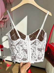 Comfortcana Plus Size Sexy Lace Sheer Camisole Top, Suitable For Party And Valentine's Day Wear, Spring/Summer - White - View 2